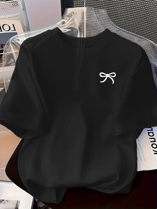 womens round neck design featuring a easy artistic bow pattern print casual and comfortable casual attire with a versatile short sleeve t shirt
