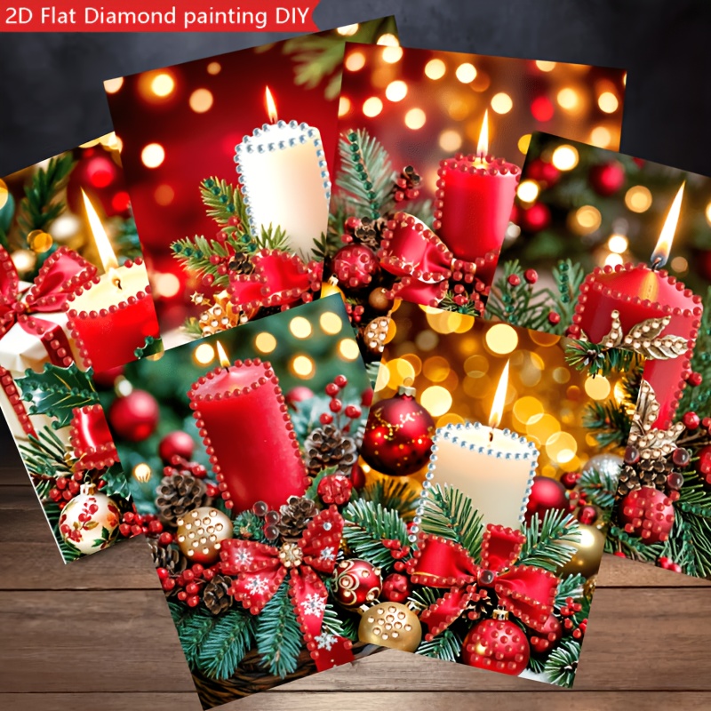TEMU 2d Hot New Product 6pcs Set: Christmas Candle Shaped Diamond Painting Greeting Card Kit, Handmade Diy Flat Gemstone Cards, Warm Background,