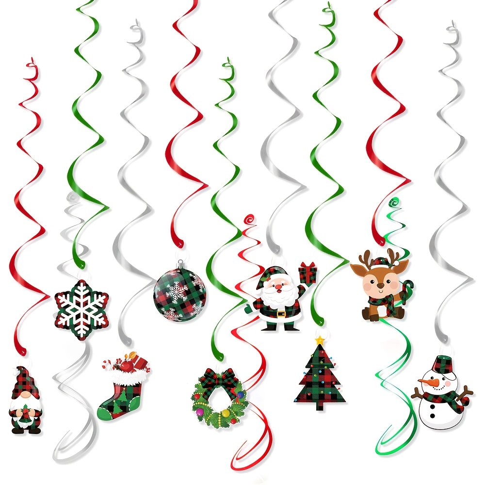 TEMU 21pcs Christmas Hanging Swirl Decorations - Red Green And Silvery Ceiling Streamers With Santa Snowman Elk Design For Classroom, Office, Outdoor