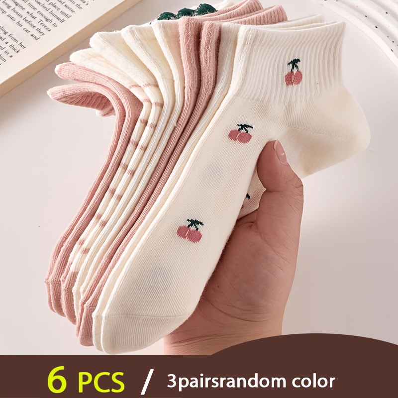 TEMU 6pcs (3 Pairs) Pink Cherry Strawberry Rabbit Pattern, Random Style, Cute, Breathable, Comfortable, Suitable, Women's Summer Socks, Casual Hiking
