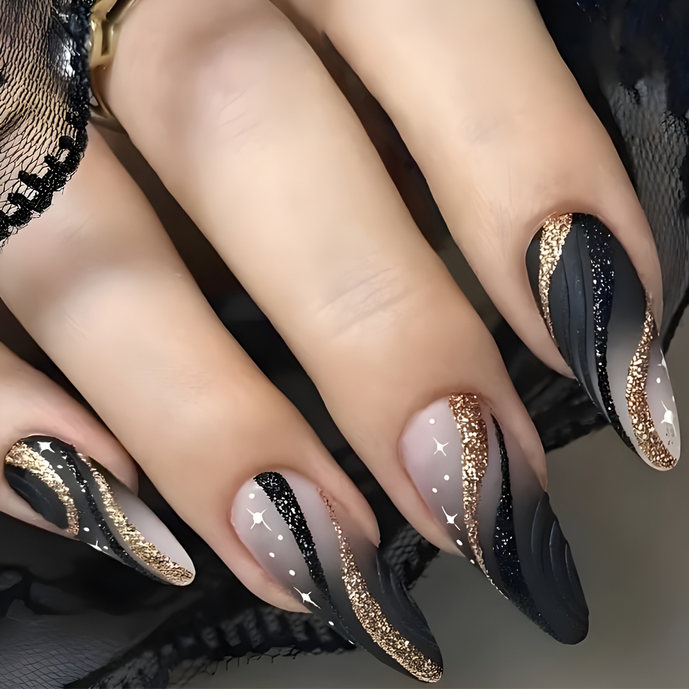 

24-piece Elegant Almond-shaped Long Nail Set, Mixed Color System With Golden & Black Glitter Stripe Gradient, Glossy Finish Stick-on Nail Forms