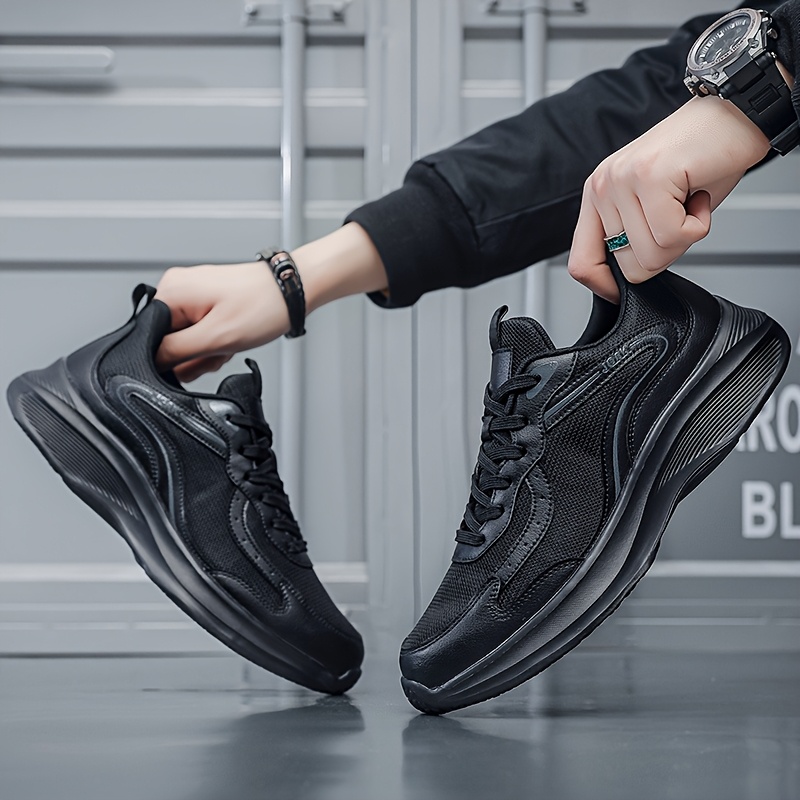 Men's Lightweight Breathable Mesh Running Sneakers - Black, Casual Sneakers with Stability Support for Hiking, Outdoor & Casual Attire, Lace-Up Closure, Low-Top Design, MD Sole, EVA Insole, Spring/Summer/Fall Use, Hiking Shoes, Fall Hiking Footwear | Sleek Sporty Look | Comfortable EVA Insole