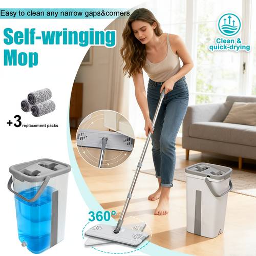 item picture wet and dry dual use mop bucket with mop replacement pads 360 rotating mop head no hand washing required large sized mop suitable for cleaning tiles marble and wooden floors in households offices hotels and