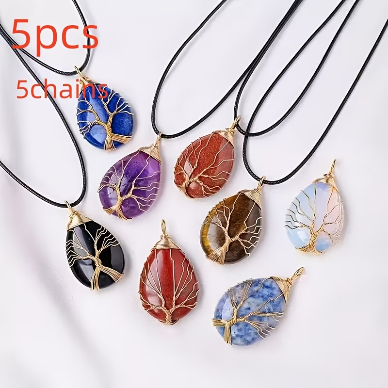 Image of 10pcs Set: 5 Random Color Pendants + 5 Chains, Mixed Lot Bohemian Stone Teardrop Necklace Pendants, Golden-wired Semi-precious Stone Charms, Creative Gift, Simple And Versatile