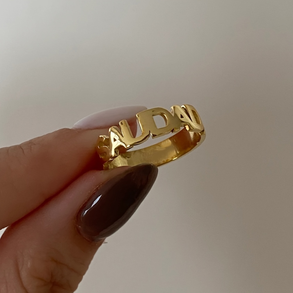 Custom Name Golden Stainless Steel Ring, Elegant Monogrammed Band