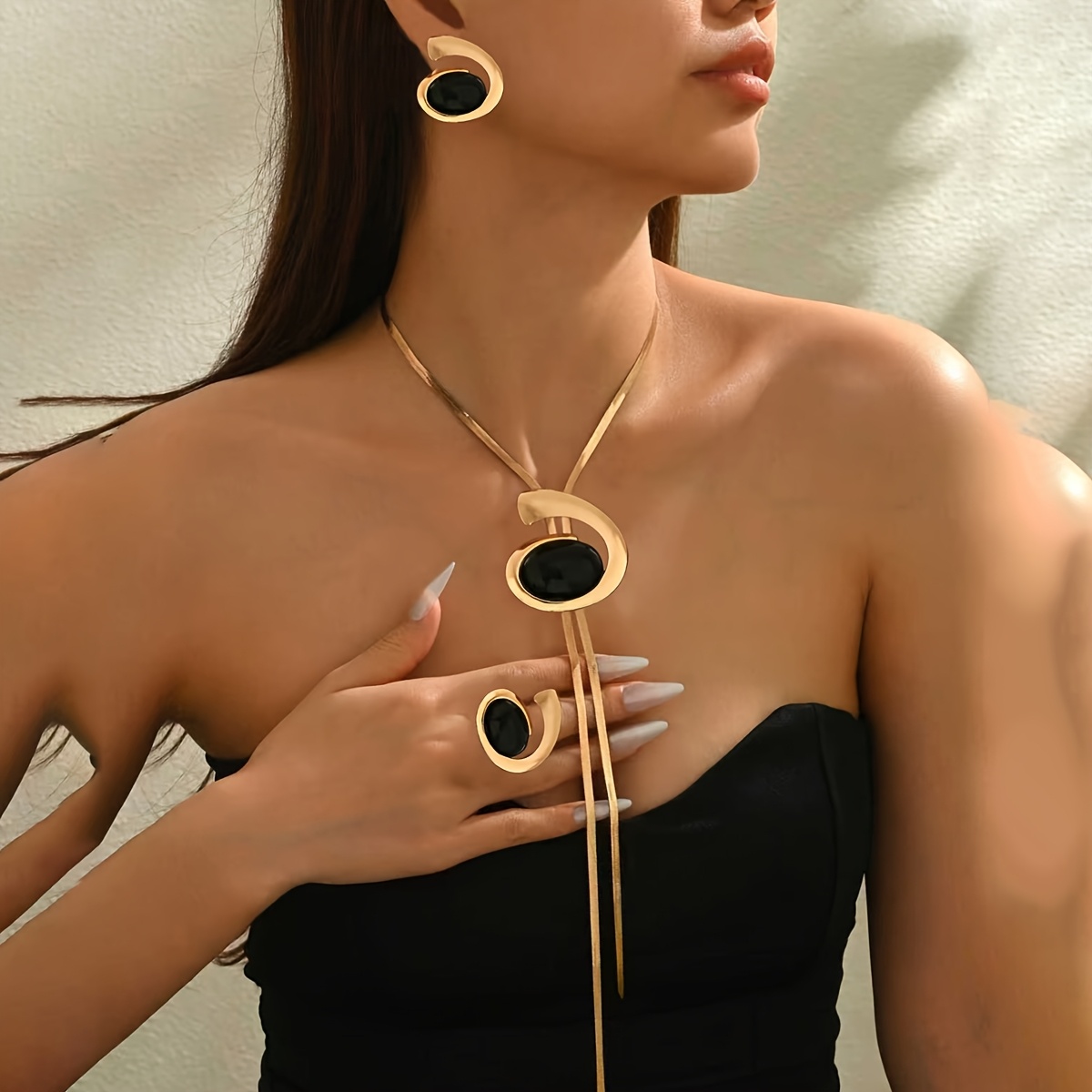 3pcs Geometric Pattern Figure 8 Irregular Special-shaped Long Tassel Snake Skin Chain Ring Necklace Stud Earrings Personalized Casual Large Set