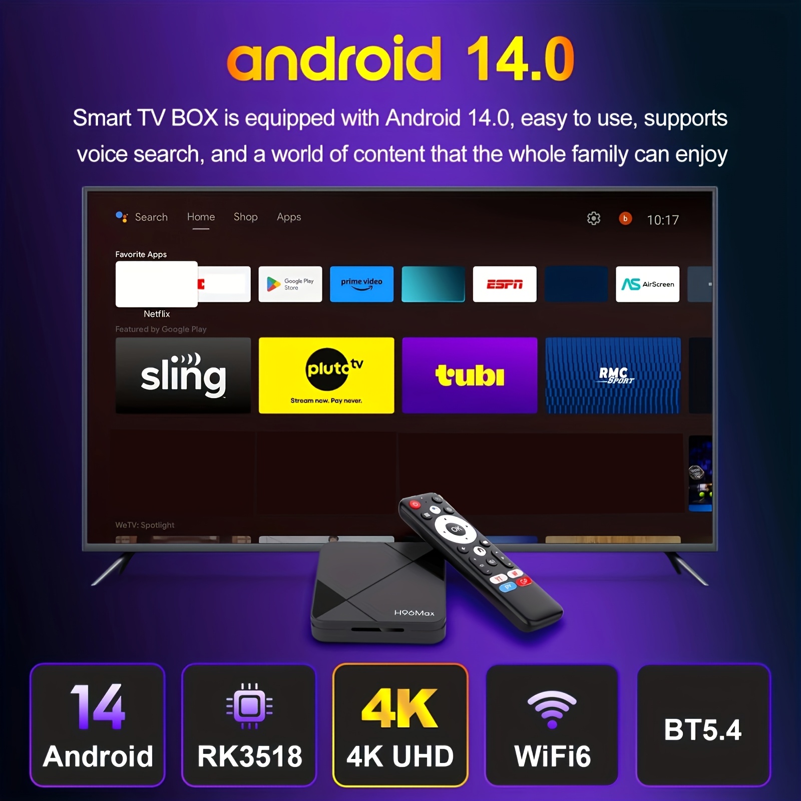 H96 MAX RK3518 Android 14.0 Smart TV Box | 4K@60fps HD, 3937.01inch Ethernet, Wi-Fi 6, BT 5.4, Google Assistant, HDR10, Stereo Sound, Durable Design - Google Play & Google Assistant Compatible