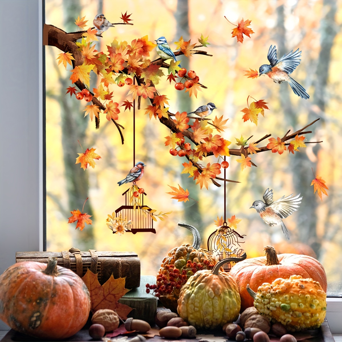 

Autumn Leaves And Birds Window Decals, Contemporary Style Polyvinyl Chloride Static Cling Stickers With Double-sided Visibility, Reusable Fall Season Home Decor, 5mil Thickness – 1 Set (dj2081-kq)