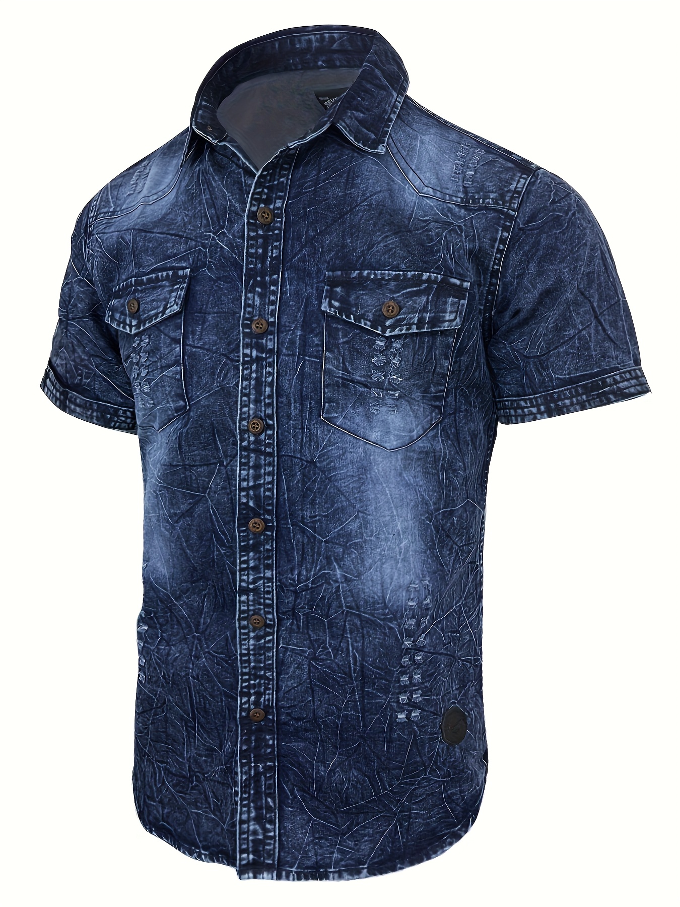 mens fit distressed blue denim shirt streetwear style Temu New - Main Image