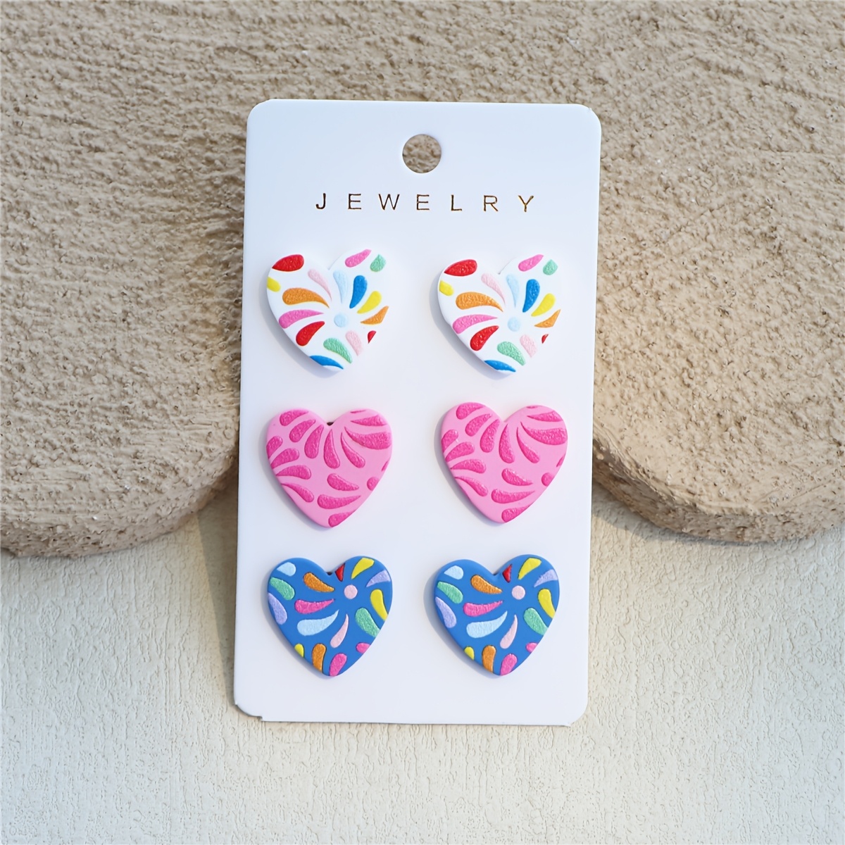 TEMU Orecchini Acrilici 3 in 1 a Forma di Carta da Donna con Stampa di d' Multicolore, in , Texture Argillosa, Cuore