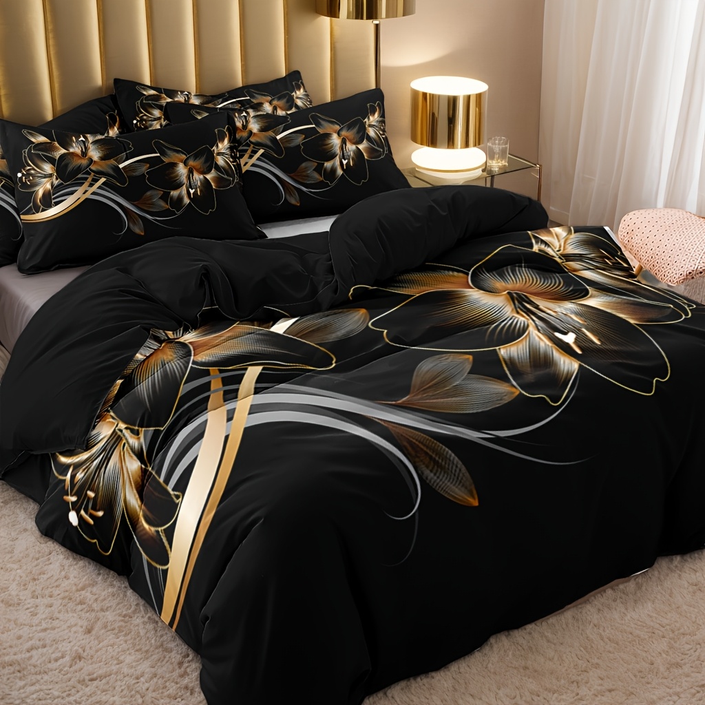 Image of 3pcs Duvet Cover Set, 1 Duvet Cover + 1/2 Pillowcases, Filler Not Included, Black And Golden Floral Print Bedding Set, Soft And Comfortable Duvet Cover, Suitable For Bedroom And , Gift For