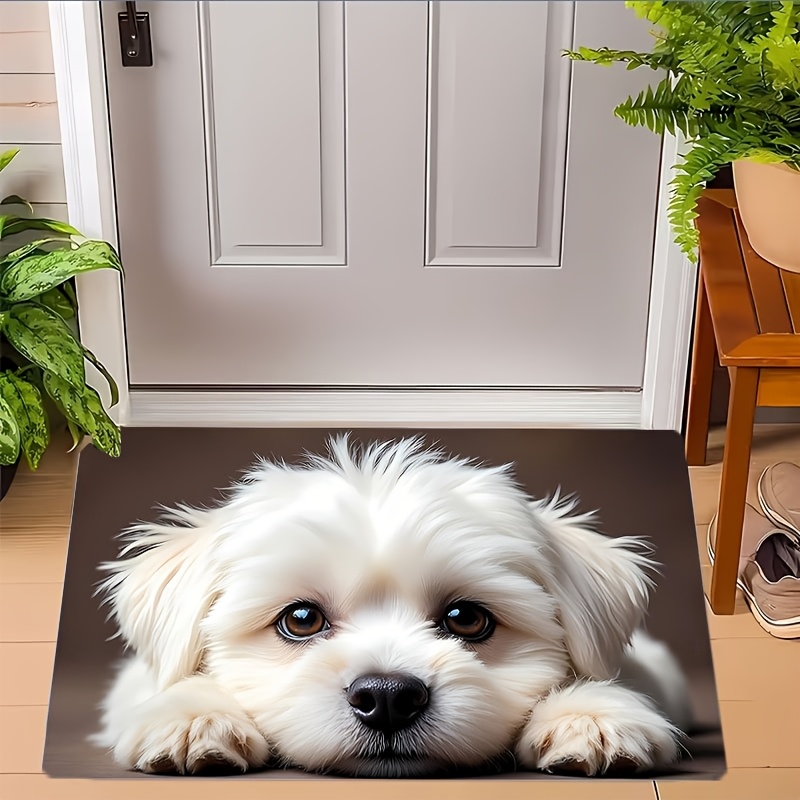 TEMU 2d Flat Cute White Maltese Dog Pattern Indoor Welcome Mat, Made Of Fleece Material, Comfortable And Easy To Clean. Bedroom And Living Room Home