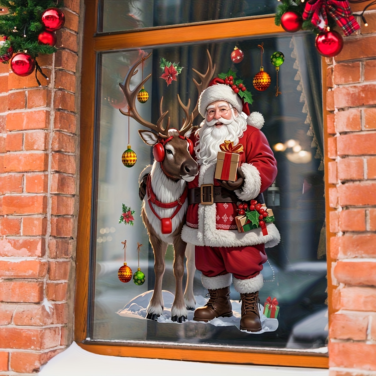 TEMU 1pc Self-adhesive Removable Double-sided Christmas Window Sticker-santa Claus, Reindeer, Holly And Snowball Pvc Sticker, Suitable For Glass