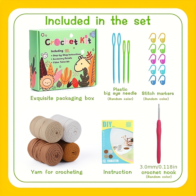 Image of Beginner Crochet Kit, Knitting Kit, 4pcs Crochet Coasters Kits With Crochet Yarn, Crochet Hook, Instructions Video, Crochet Supplies Set Craft Kits For Adults(accessories Random Color)
