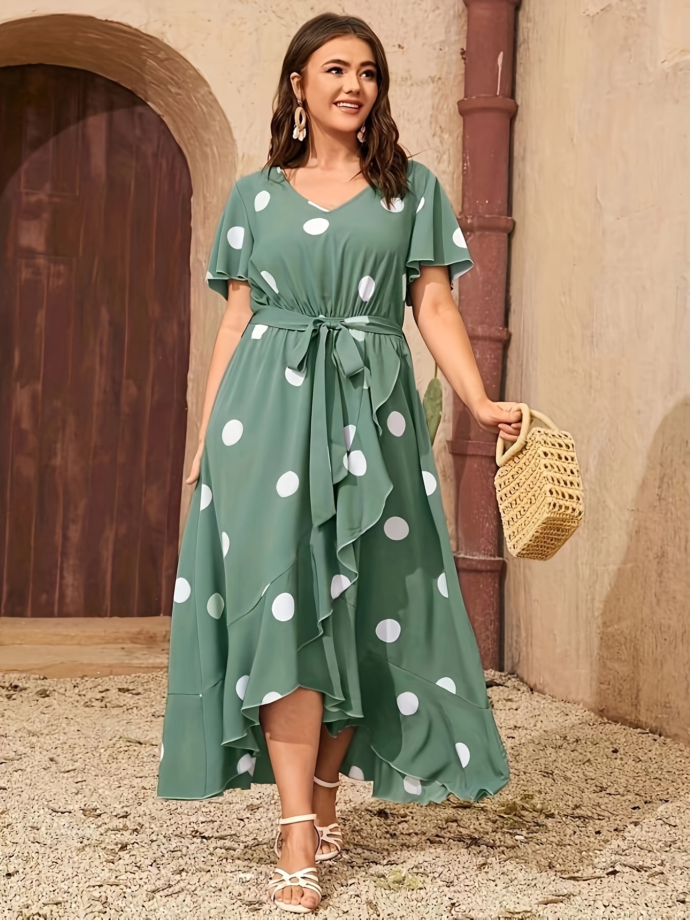 New Plus Size Women Short Sleeves Boat Neck Polka Dot Print Cute Casual  Dress