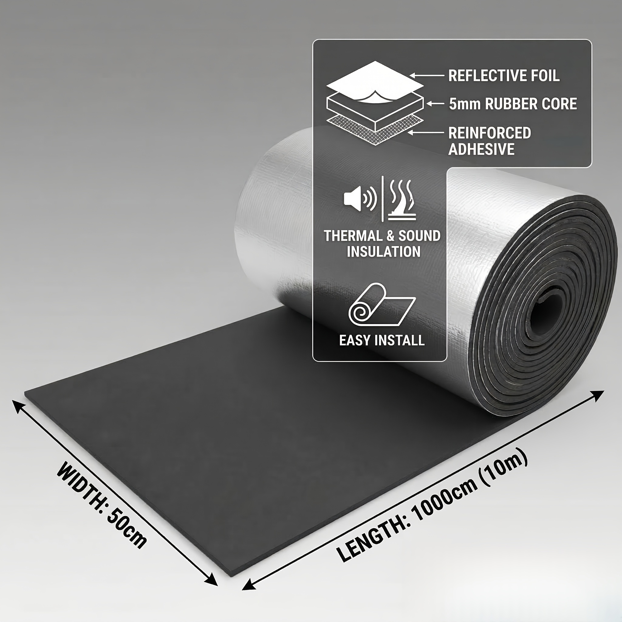 TEMU Rouleau d'isolation automobile extra-long argenté de 10 long et 0,5 large, épaisseur de 5 mm, rouleau extra-long d'isolation et d'insonorisation