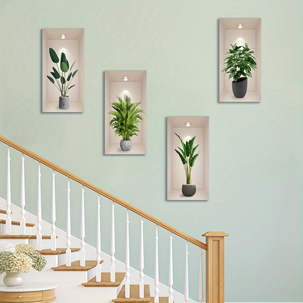 

Modern Minimalist Style Artificial Plant Pots Wall Decoration Stickers - 4 Pieces Set, 40*20cm, Indoor Use, Vertical Orientation