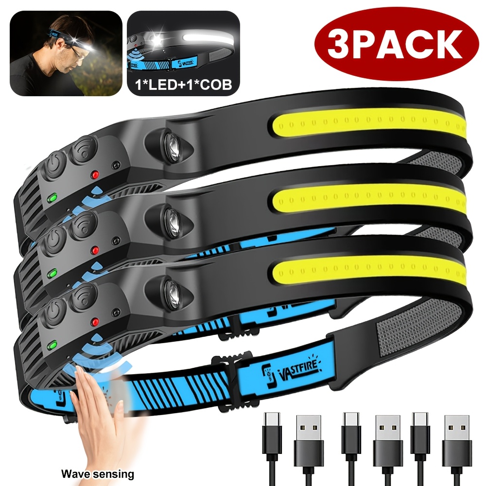 Image of Vastfire 3pack Headlamp Rechargeable 1200mah Headlamps For Adults, 230 Headlamp & Spotlight, Motion Sensor, 5 , Lightweight Head Lamps For Camping Running