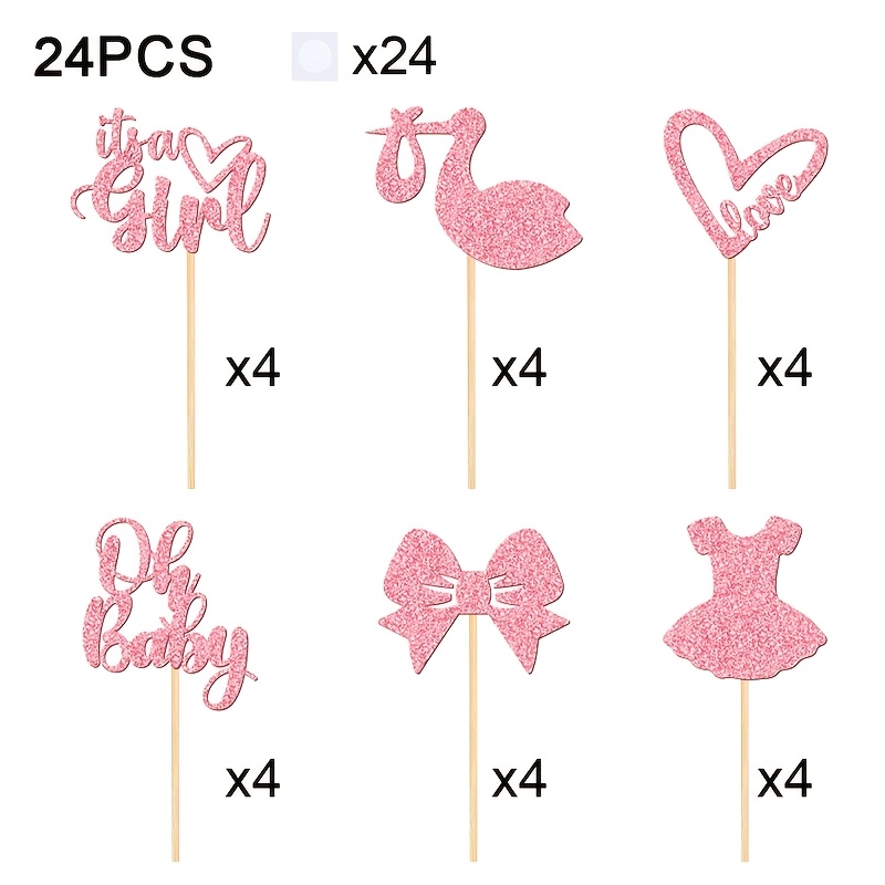 Image of 24pcs Princess Theme Cupcake Toppers, Oh Party Cake Decorating Supplies, Glitter Oh , A Girl, Love Script, Bow, Dress Pink Cake Picks Decorations, For Bath Birthday Party Supplies,halloween, Christmas