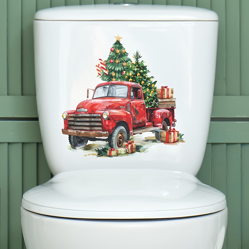 

Christmas Holiday Red Truck With Tree Self-adhesive Pvc Toilet Lid Decal - Cartoon Santa Claus Festive Bathroom Decoration, Reusable Waterproof Vinyl Sticker For Ceramic Surfaces With Easy Mounting