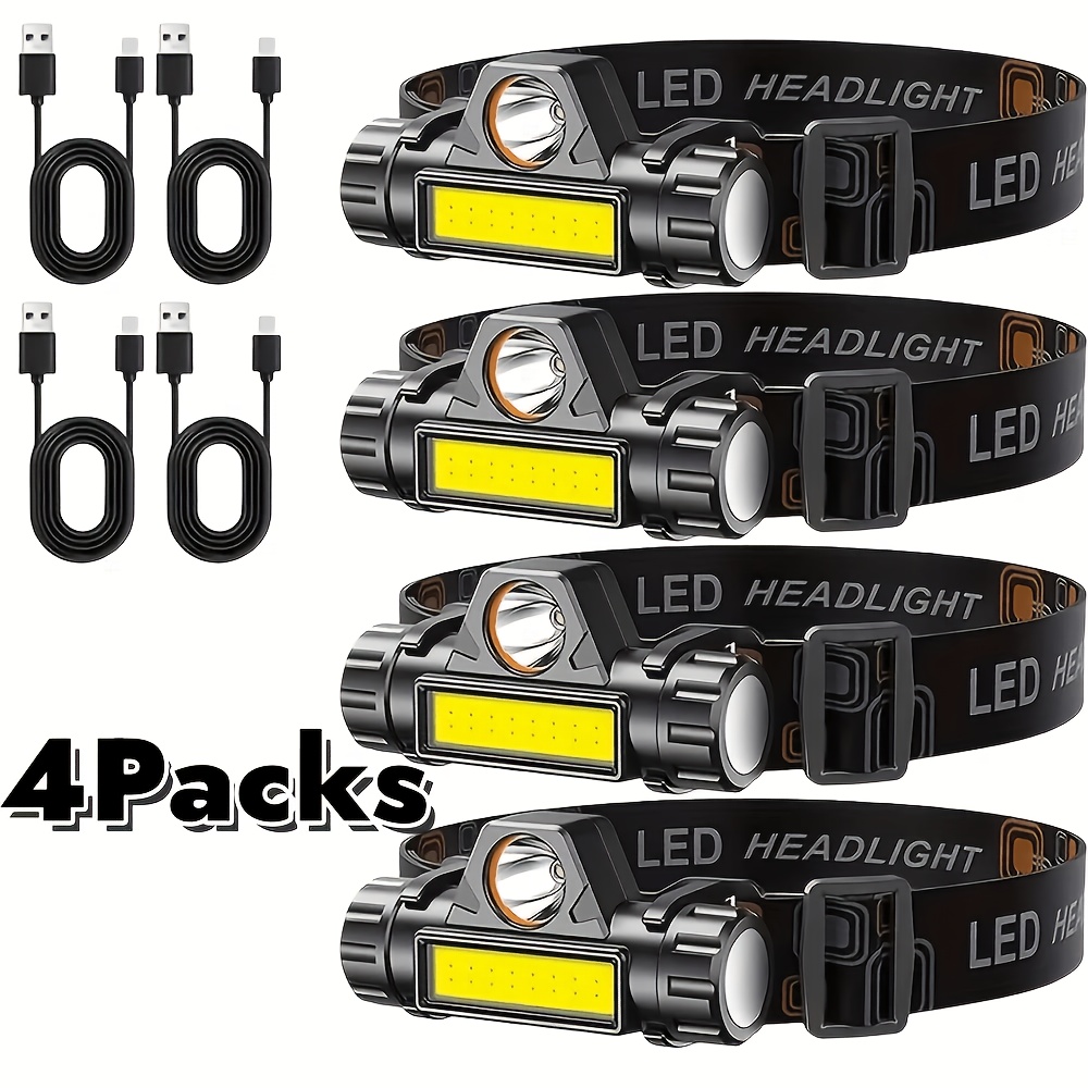 TEMU 4-pack Cob Led Headlamps, Rechargeable, And Long-lasting, Headlamps With Magnetic Base, Adjustable, Suitable For Running, Camping, Fishing,