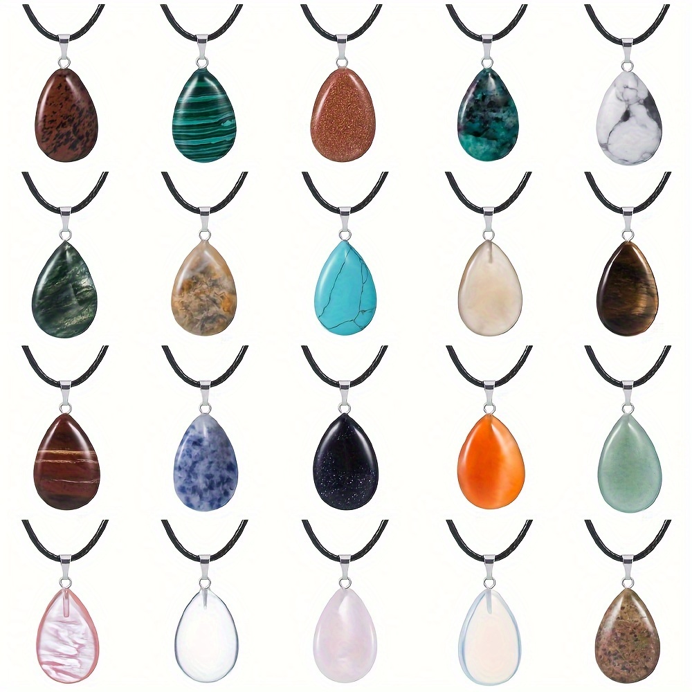 

20pcs Water Drop Shaped Stone Pendants With 45.72cm/18" Faux Leather Cord, Assorted Natural Crystal Quartz Beads, Diy Necklace Jewelry Charms, Semi-precious Gemstone Crafting Supplies