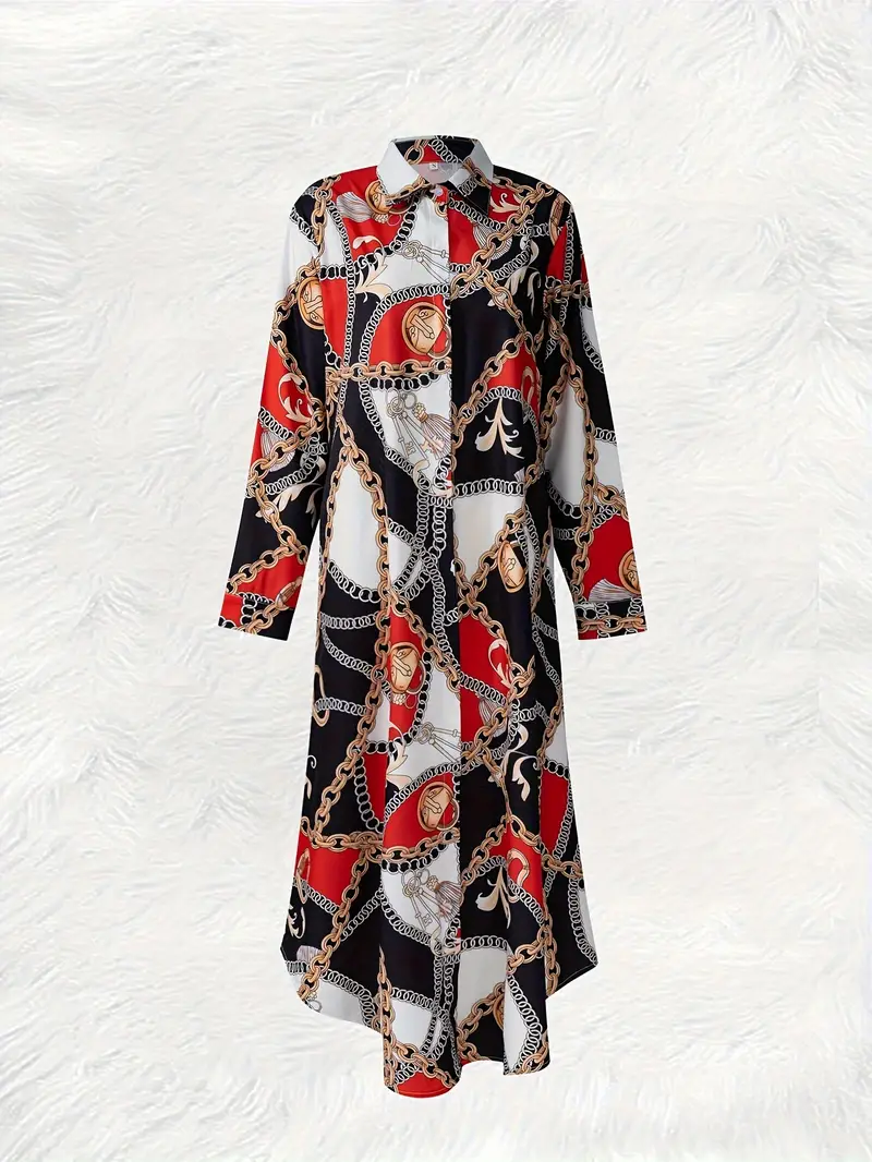 chain print button up shirt dress vacation long sleeve collared loose maxi dress womens clothing details 5