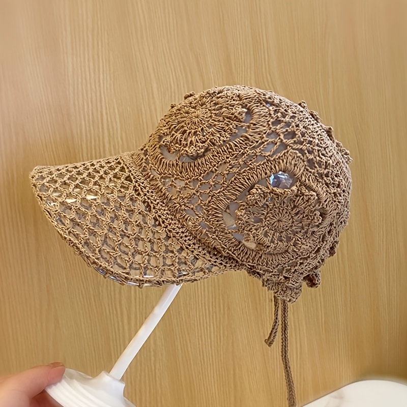 TEMU 手編みかぎ針編み ボールキャップ＆ダックビルサンハット - サイズ調整可能 通気性 中抜き加工 結婚式、パーティー、アウトドアに最適 - かぎ針編みフラワー付き レトロハット