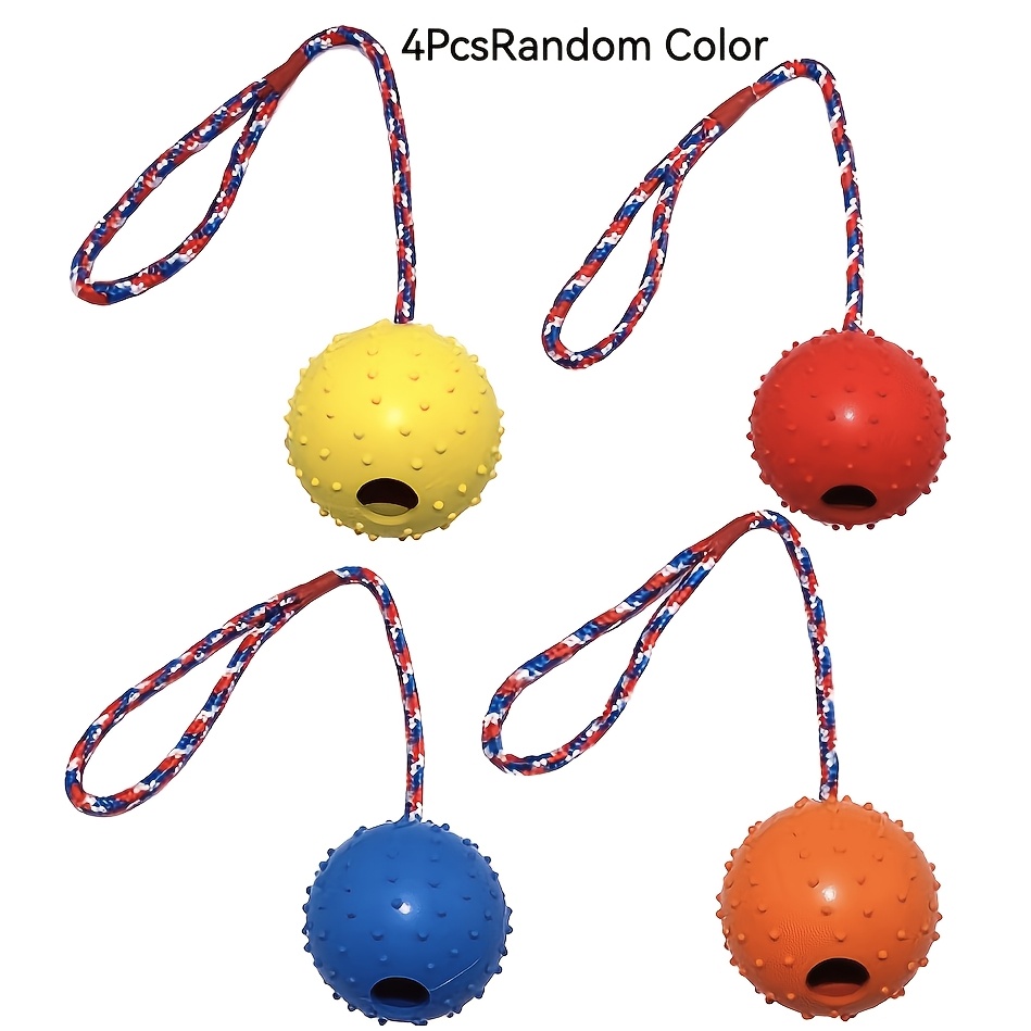 4pcs Dog Leash Feeding Natural Rubber Toy Balls, Bite-Resistant