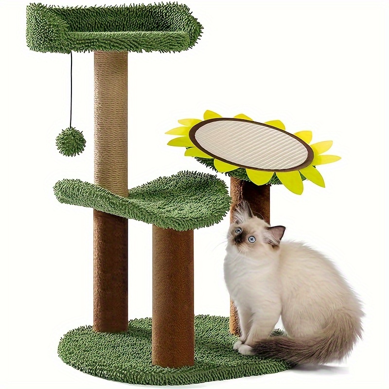 

Cactus Cat Tree, Green Cat Tower With Plush Perch For Small Indoor Kittens, Cat Scratcher With 2 Levels Platform For Kitty, Sunflower Scratching Pad And Sisal Post