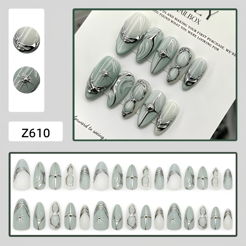 TEMU 30pcs Of Handmade Gel Nail Jewelry. Mint Green Gradient Cat-eye Silvery Gel Fake Nails. Cool Metal Star Sparkles Almond-shaped Nail Polish That