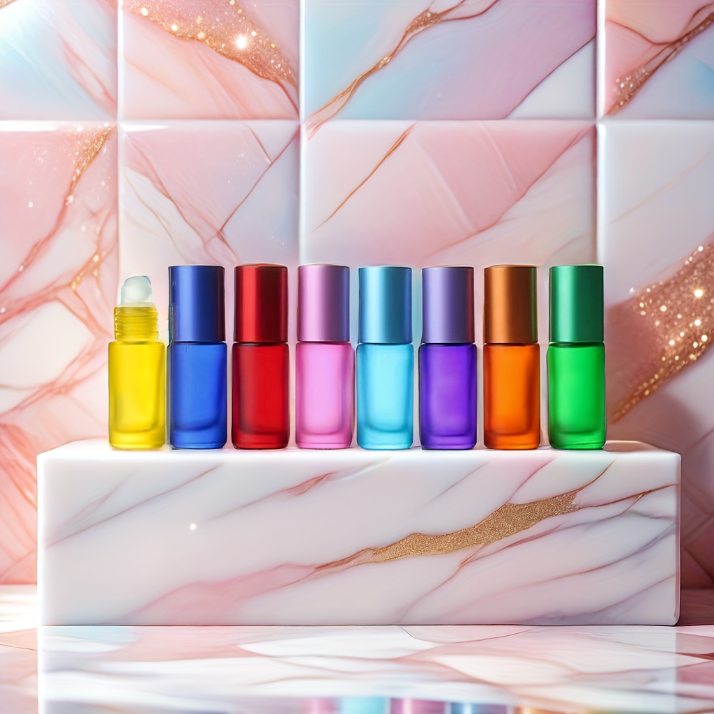 

8pcs Set Colorful Frosted Glass Roller Bottles For Essential Oils & Perfume - Leakproof, Refillable, Travel-friendly