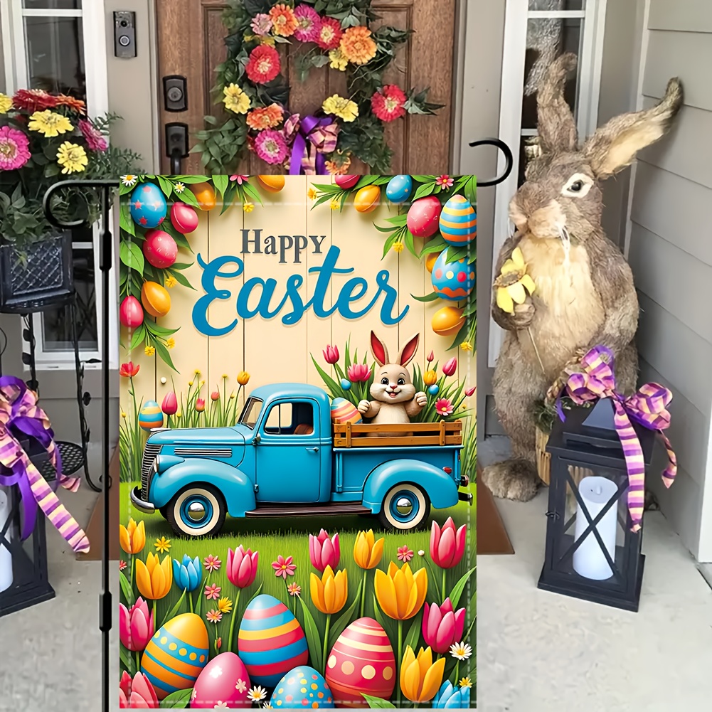 

1pc, Easter Garden Flag, 45cm * 30cm/17.7 Inches * 11.8 Inches, Easter Egg, Truck, Rabbit Easter Happy Decoration Garden Flag, For Outdoor Home Decoration In Polyester Material, Excluding Flagpole.