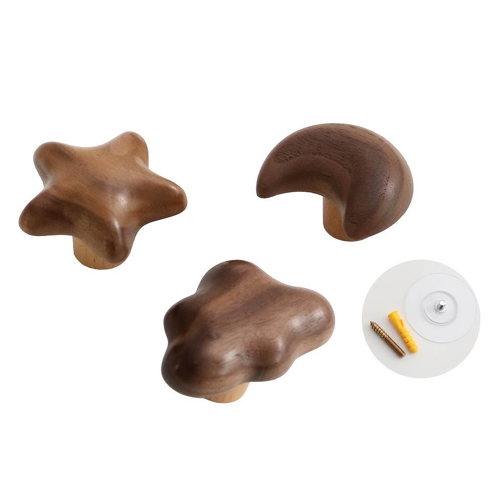 TEMU 3pcs Walnut Wood Decorative Wall Hooks, Cute Star Moon Cloud Shaped Adhesive Hooks, No Drill Wooden Coat Hanger Hooks, Room Decor Hooks For Hat