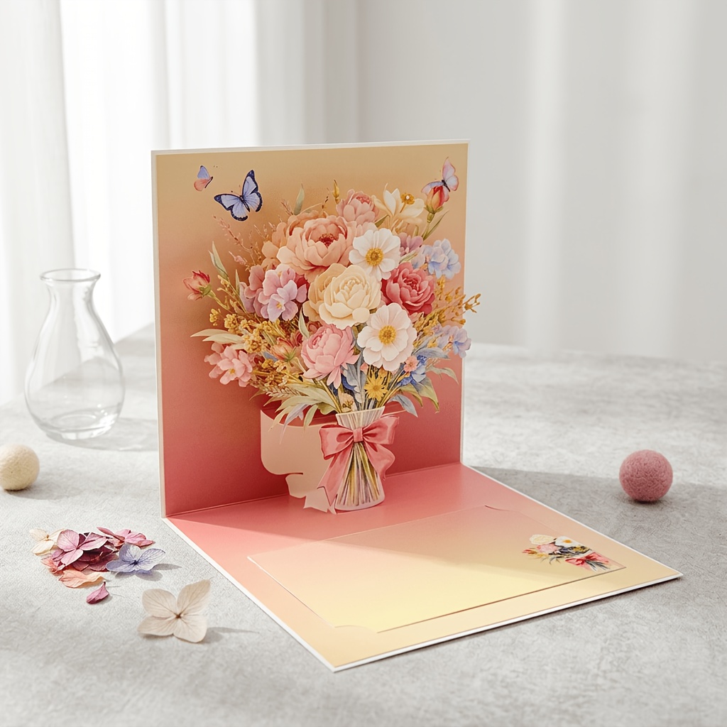 TEMU 2026 New Arrival Flower And Vase Greeting Card, Minimalist Fresh , Suitable For Various Occasions, For Everyone: Family, Wedding, Birthday,