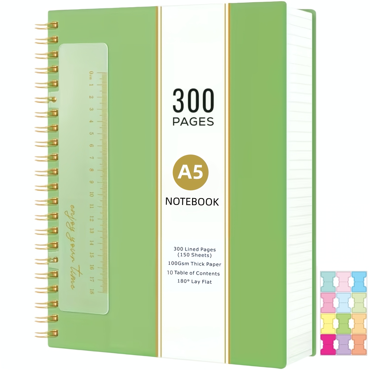 TEMU Carnet de notes A5 à spirale ligné de 300 pages avec poches, autocollants d'index, 300 pages, carnet d'écriture épais 100 g/m² à spirale pour