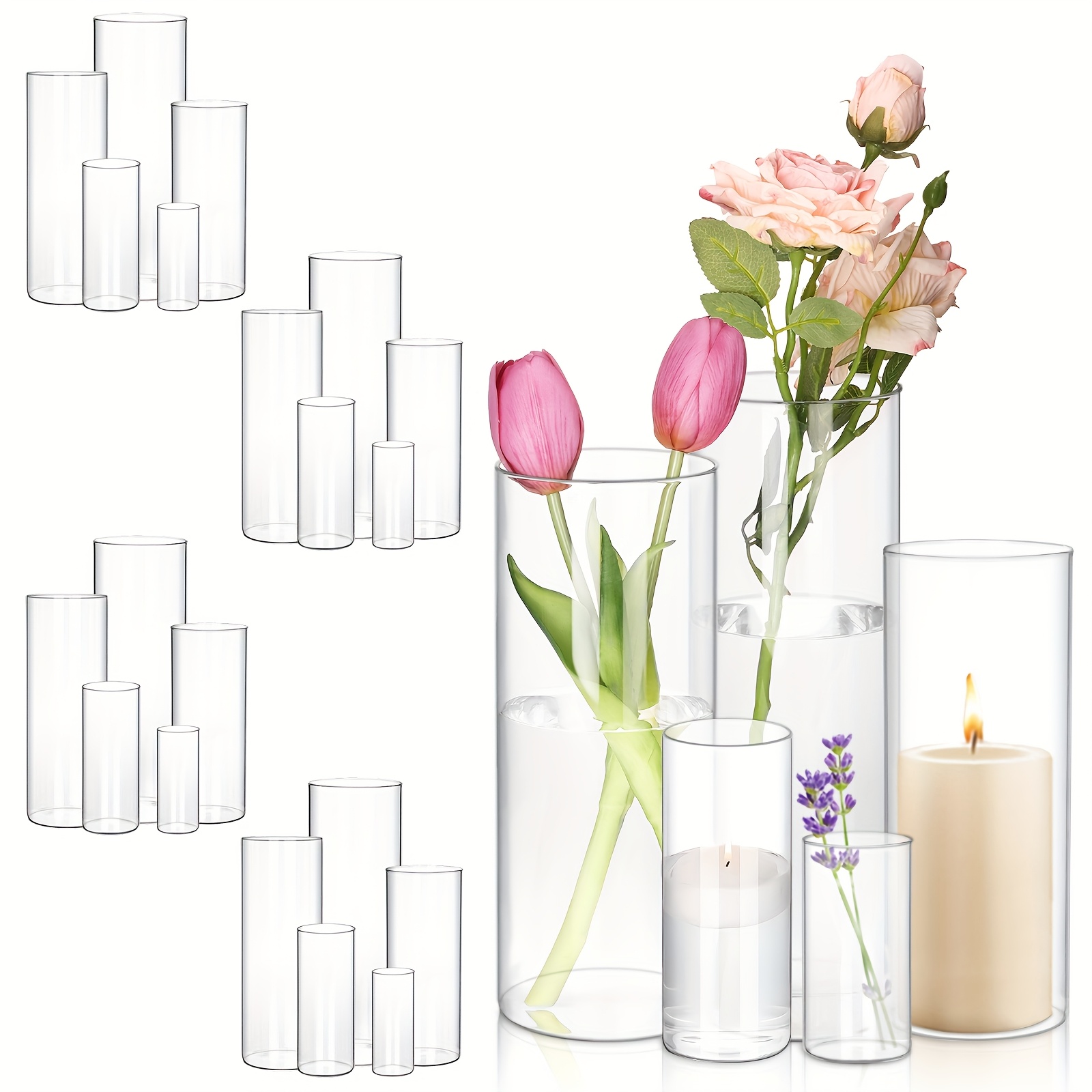 TEMU Tomnk 25 Pack Glass Cylinder Vases With 5 Sizes: 4*2in, 6*2.4in, 8*3.1in, 9.8*3.5in And 11.8*3.9in, 5 Size, Clear Flower Vase For Wedding
