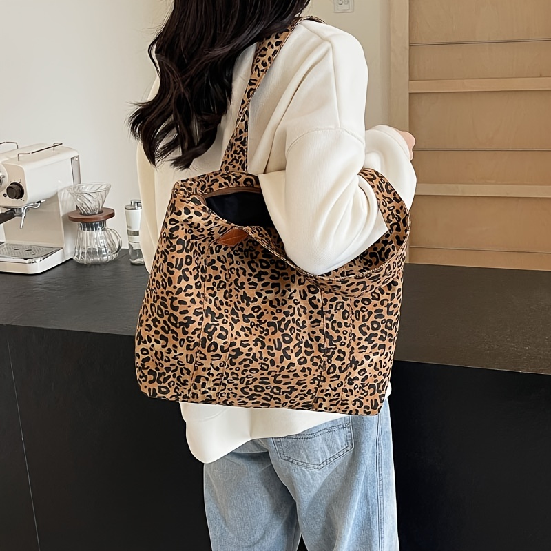 chic leopard print canvas tote bag for women spacious shoulder handbag with zip closure nylon lined details 7