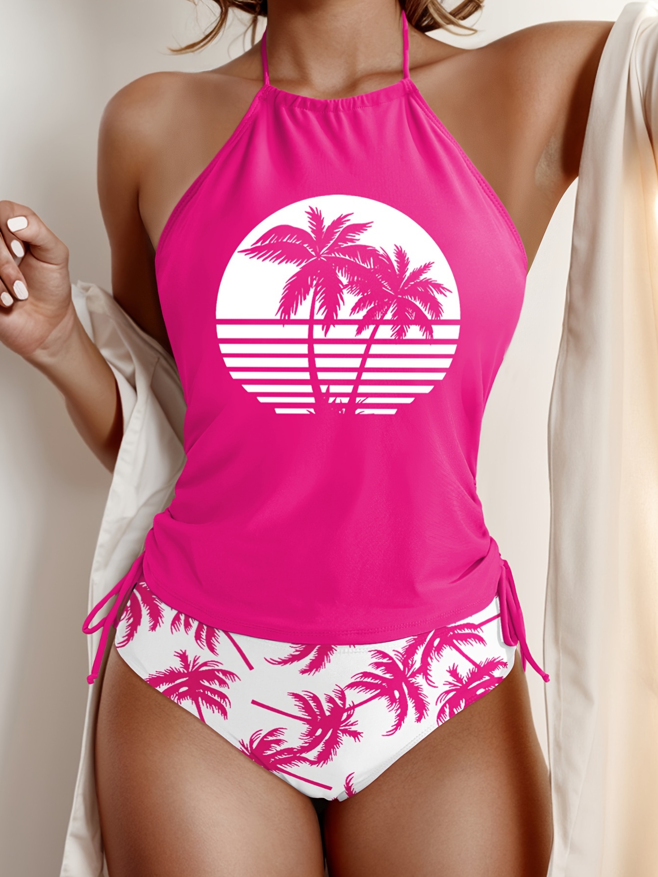Coconut Tree Set Pattern Drawstring 2pcs Set Swimsuit, Halter Tie Neck Backless Stretchy Low Waist Bathing Suit for Beach Pool, Women'S Swimwear & Clothing