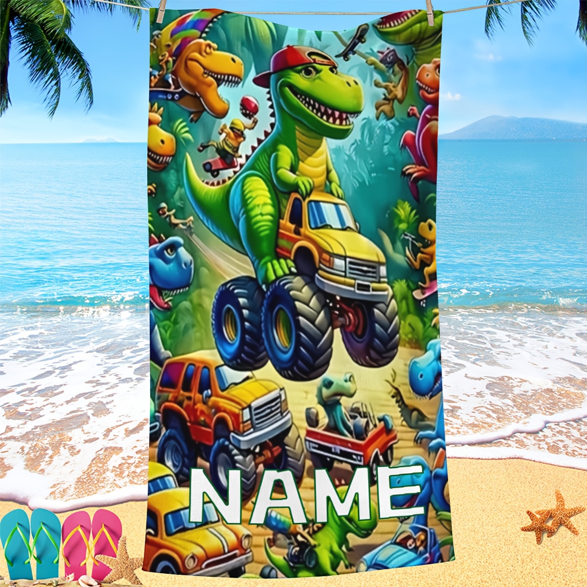 TEMU Dinosaur Monster Truck Print Beach Towel, Absorbent Quick-dry Bath Towel, Customizable Name, Seaside Vacation Towel