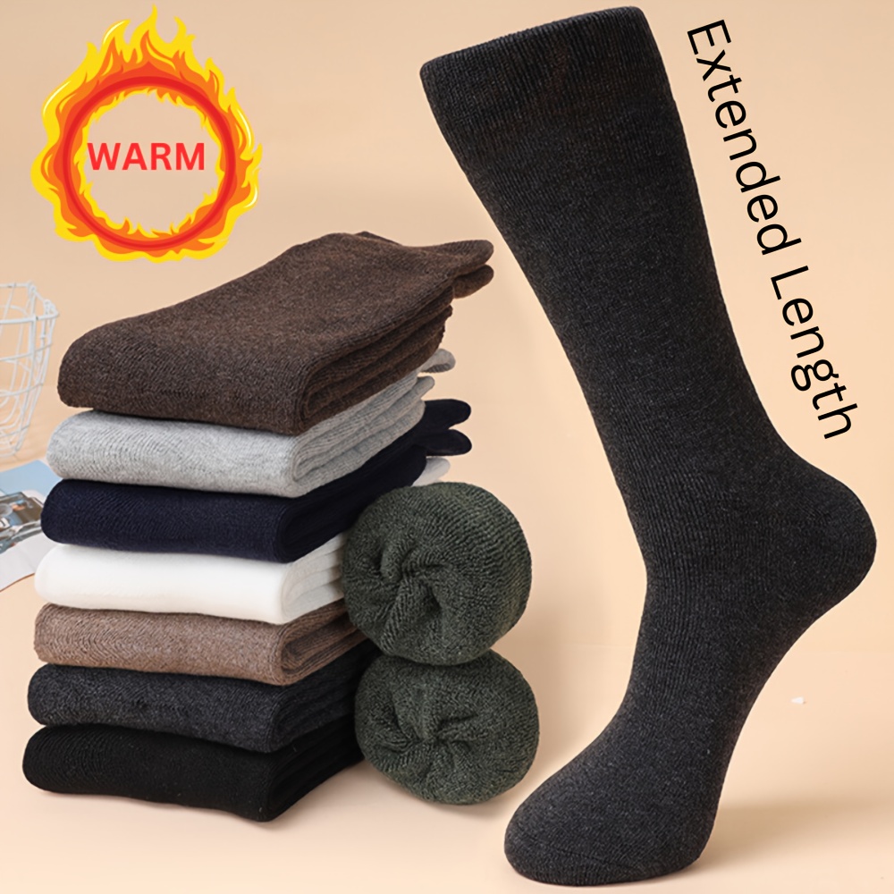 

4-pack Men's Extended Length Crew Socks, Thermal Knit Polyester With 2% Spandex, Solid Color, Machine Washable For Autumn And Winter