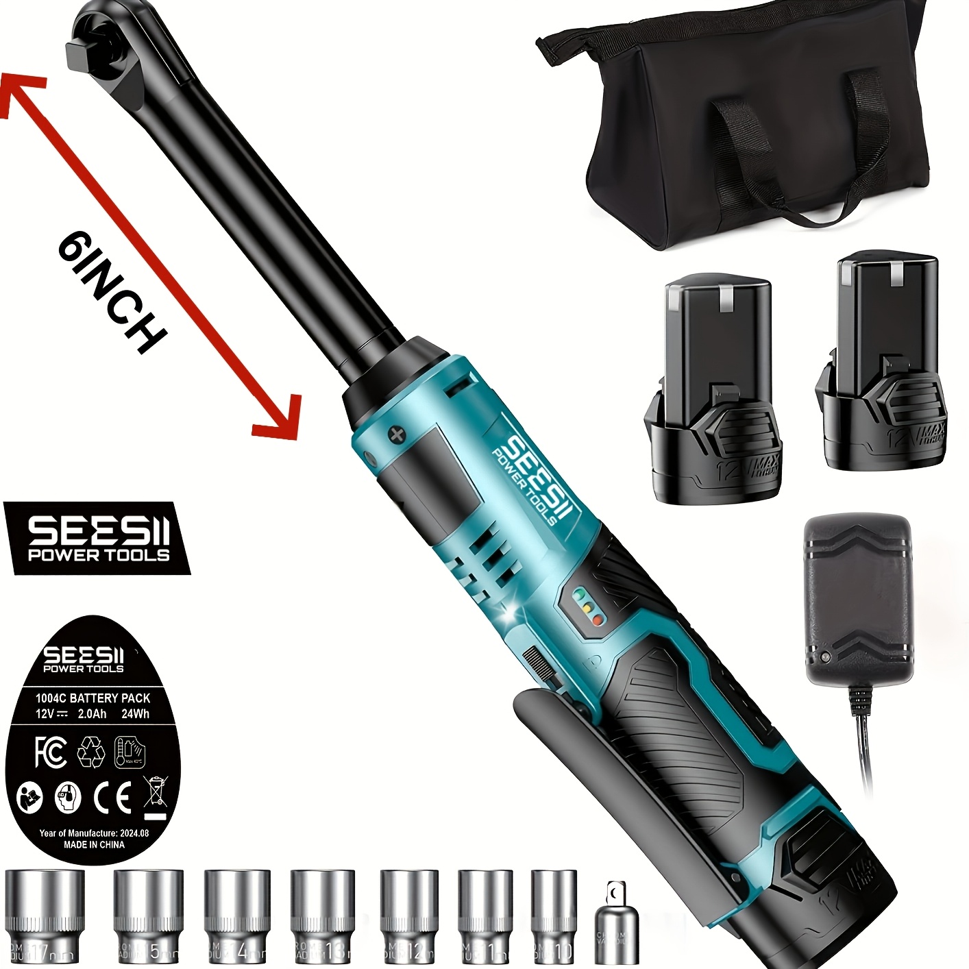 Image of Seesii 3/8" 90n.m 200rpm Variable Speed Cordless Ratchet Wrench With 2 X 21v Batteries - 7 Sockets, 1/4" And 1/2" Adapter, 3" Extension Bar Included