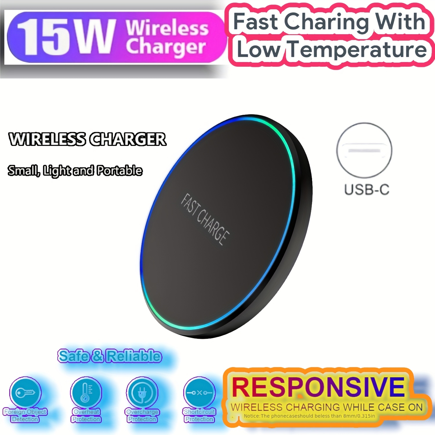 TEMU Mobile Charging Pad With Led Light, 15w Fast Wireless Charging, Circular Desktop Office Charging Station, Portable Mobile Phone Charger