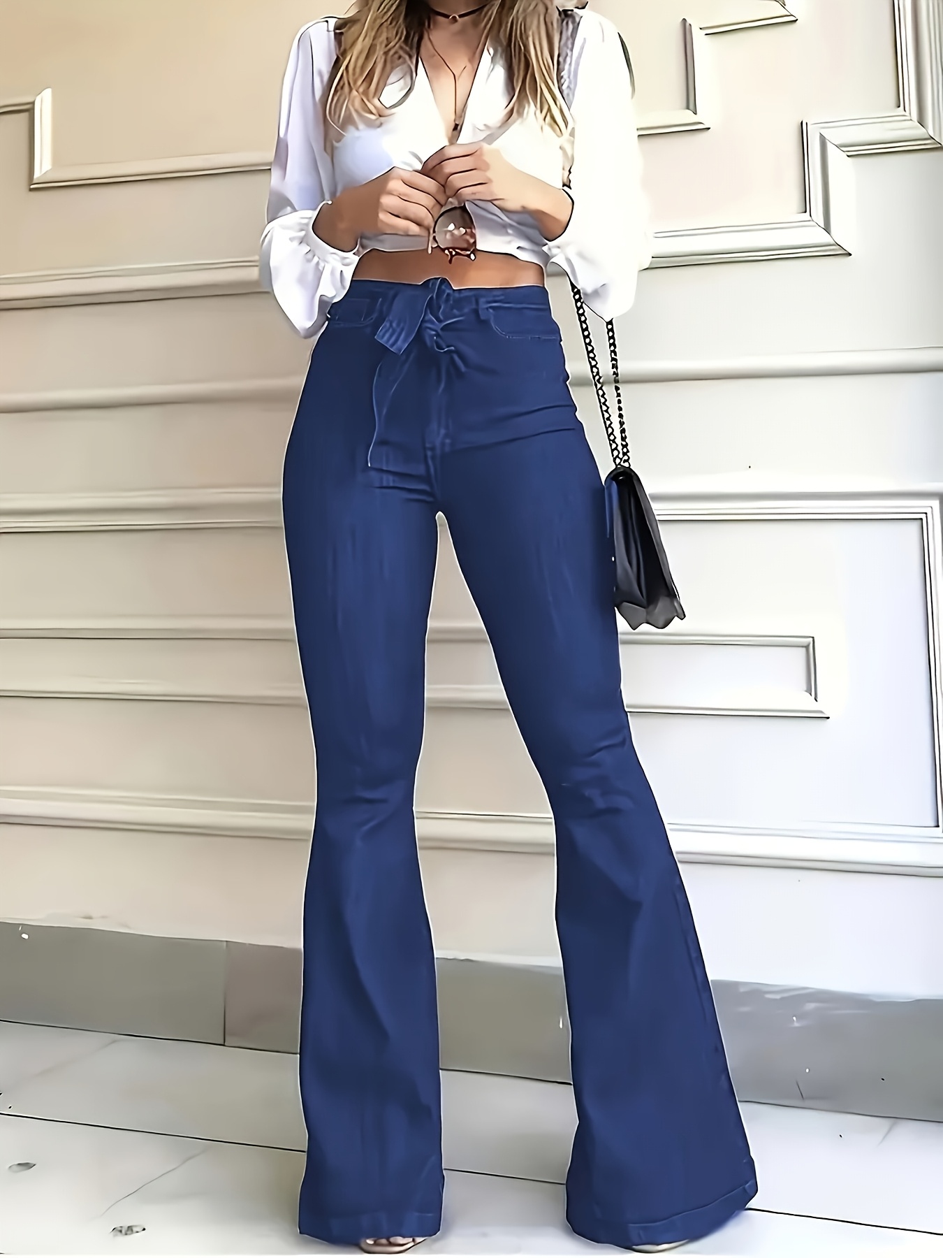 Jeans Acampanados Para Mujer - Cintura Alta, Elásticos, Rasgados, Color Azul Oscuro, Talla S