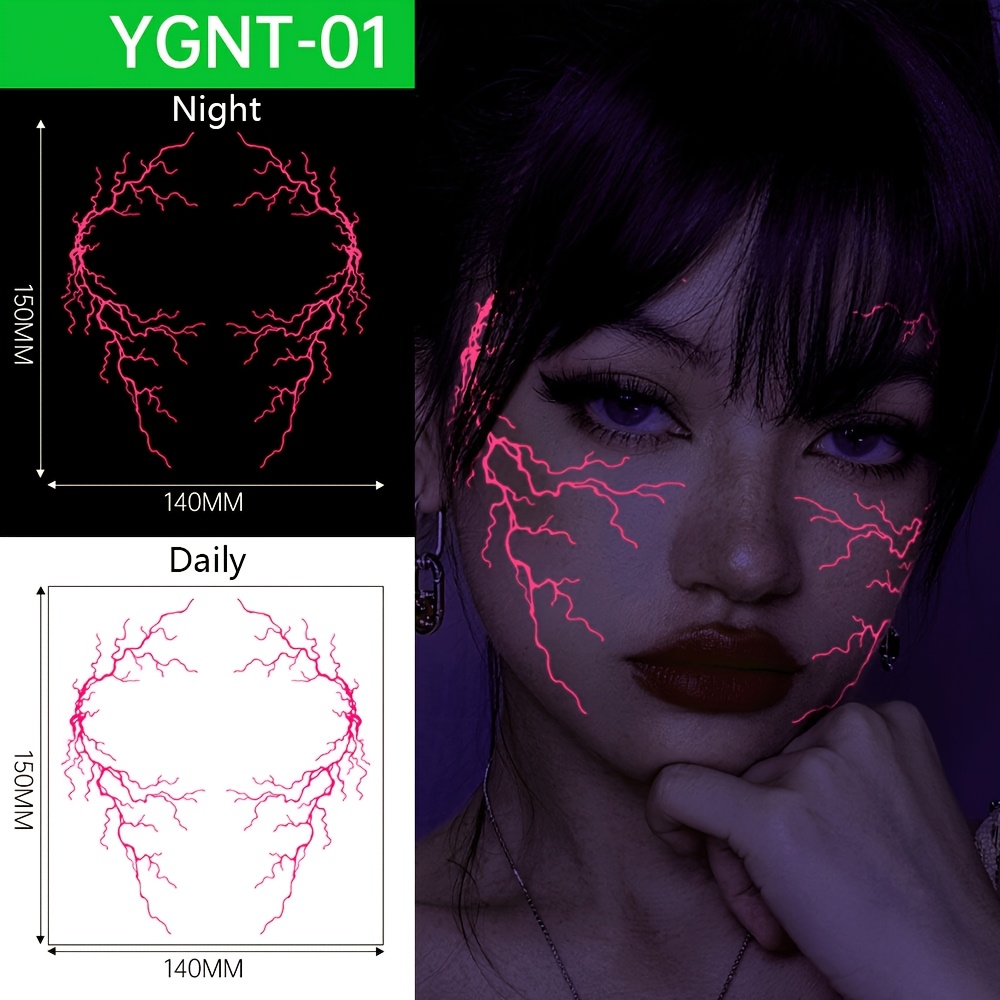 TEMU Pegatinas de tatuajes temporales para la cara con , pegatinas luminosas reactivas rosa neón para la cara, calcomanías impermeables corporal para