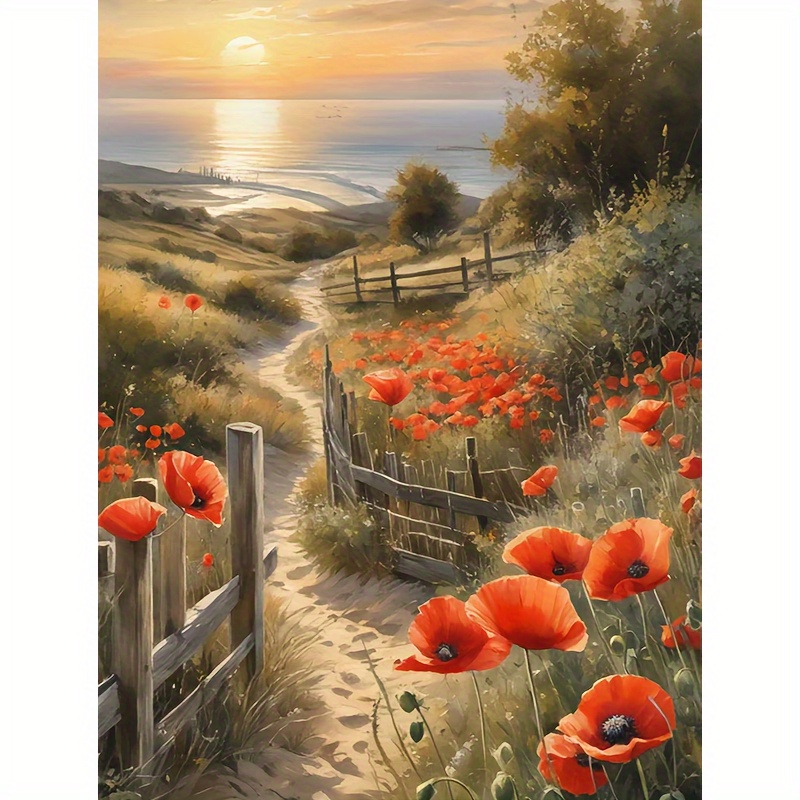 

Kit de peinture diamant rond - 5D DIY Paysage complet avec coquelicots, ensemble d'art en mosaïque acrylique (PMMA) pour adultes, décoration murale pour la maison 11,8x15,7 pouces