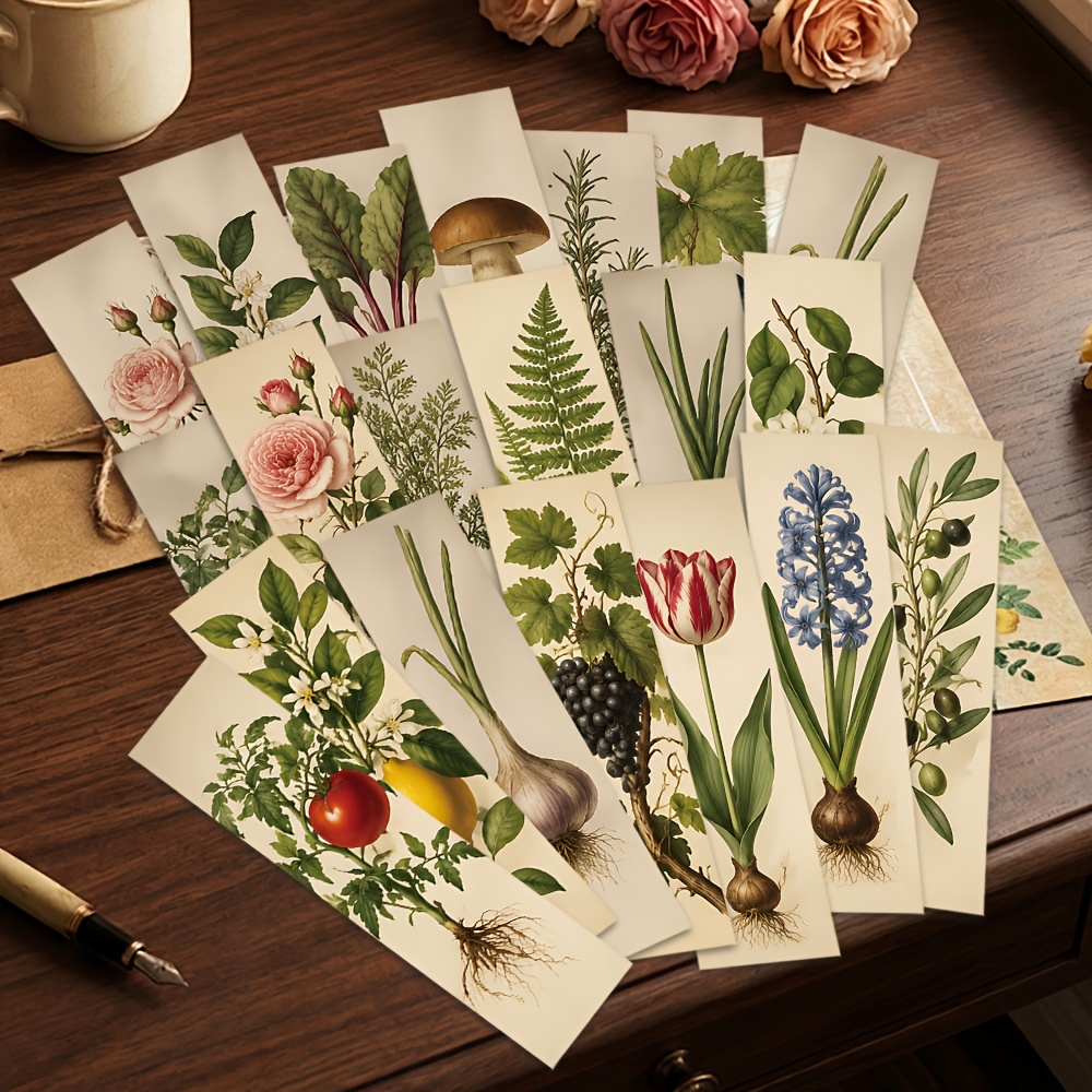 TEMU 20pcs Pack 20pcs Vintage Botanical Bookmarks Suitable For School, Office & Book Lovers - Color-coded Vegetable & Flower Book Page Markers, For