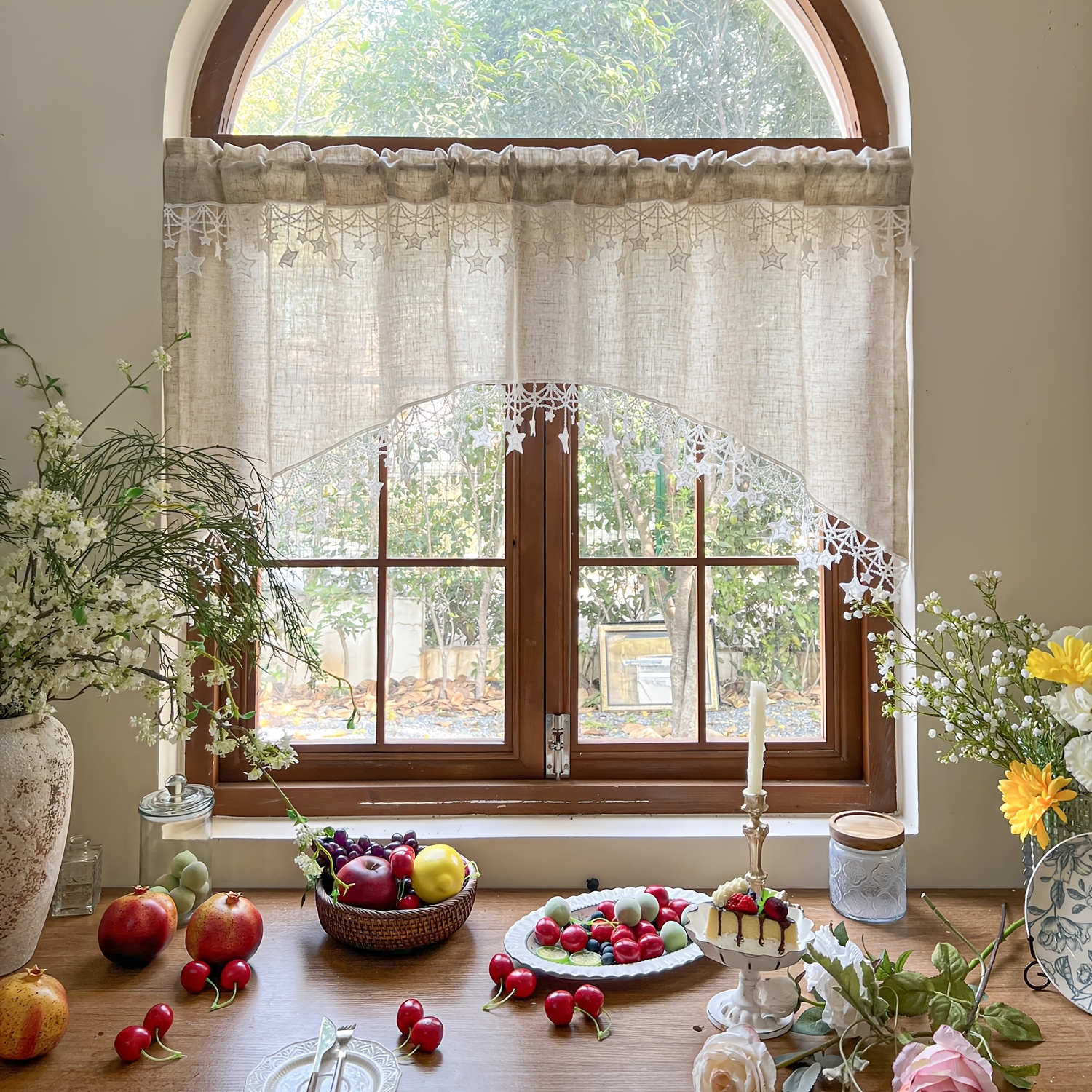 TEMU 1 Panel French Country Curtain - Solid Color Arched Top With Star Trim, -filtering Panel Suitable For Kitchen, Doorway, Dining Room - Rustic Farmhouse Window, Rod Pocket (low-maintenance)