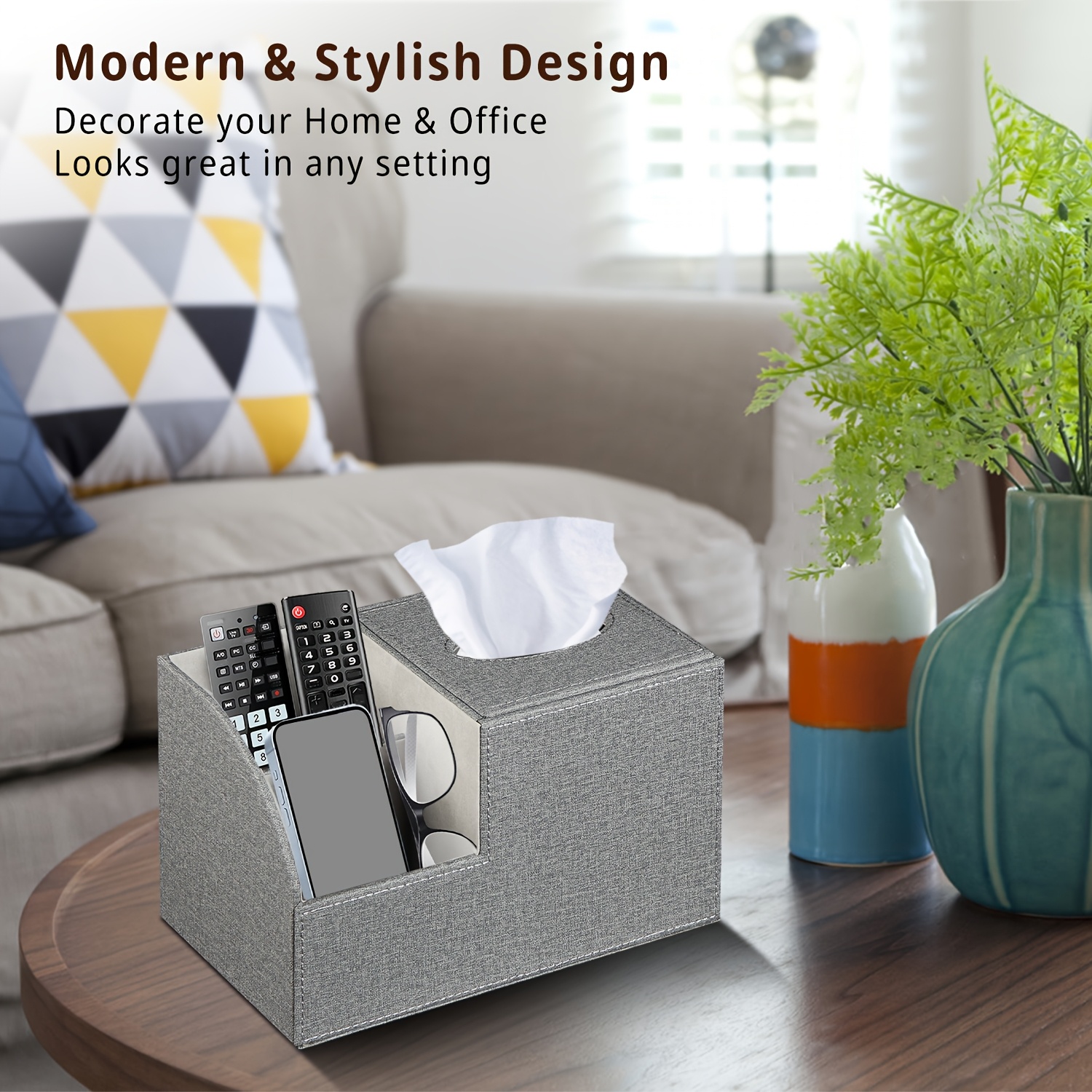 multifunctional square tissue box cover with remote control holder   leather decorative napkin tissue box holder remote caddy cube desktop organizer storage box for vanity toilet office bedroom living room and bathroom decorative accessory Product details 0
