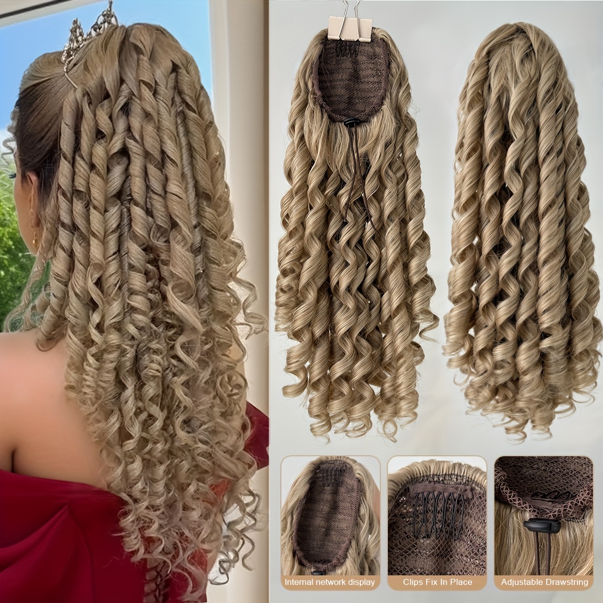 TEMU Ponytail Extension Drawstring Clip Hair Extensions, Black, Brown, Burgundy, Red Gradient, Light Golden, 20 Inch Deep Wave Synthetic Hairpiece,